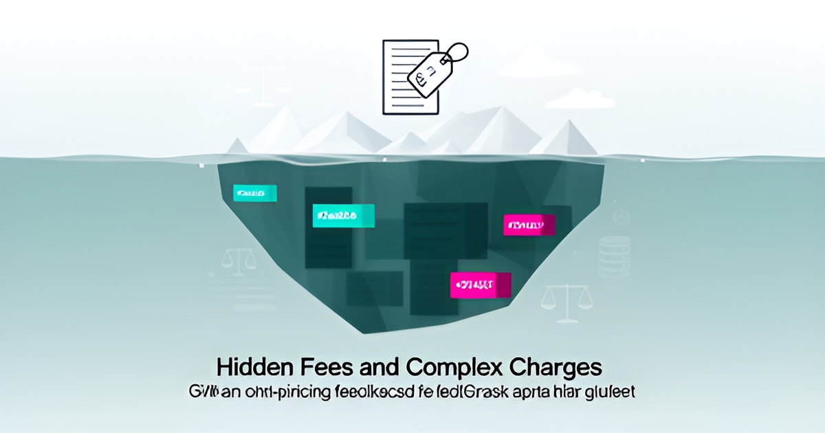 Flat illustration of an iceberg showing visible AI legal software pricing above water and hidden fees like compliance and storage charges below, with headline text.